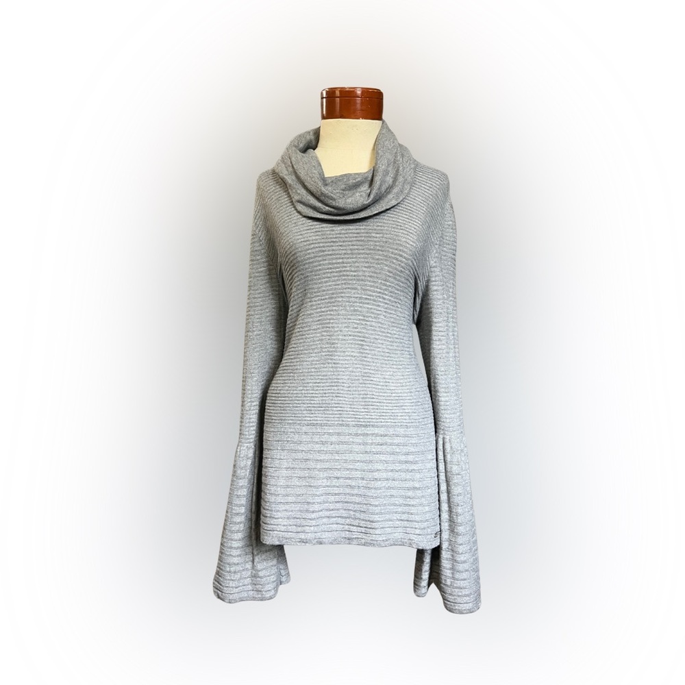 Calvin Klein Gray Ribbed Cowl Neck Bell Sleeve Sweater Women’s Medium Cozy Chic